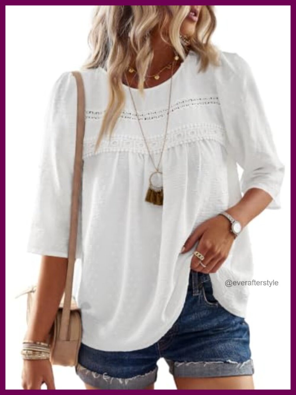 Womens Boho Crochet Lace 3/4 Sleeve Crew Neck Blouse